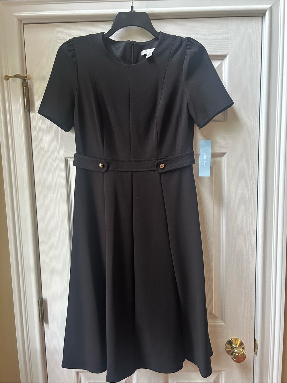 NWT London Times Black Short-Sleeve Midi Dress with Belt Detail